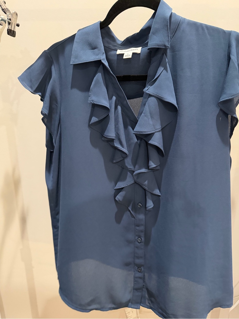 Calvin Klein Blue Ruffle Front Cap Sleeve Blouse
